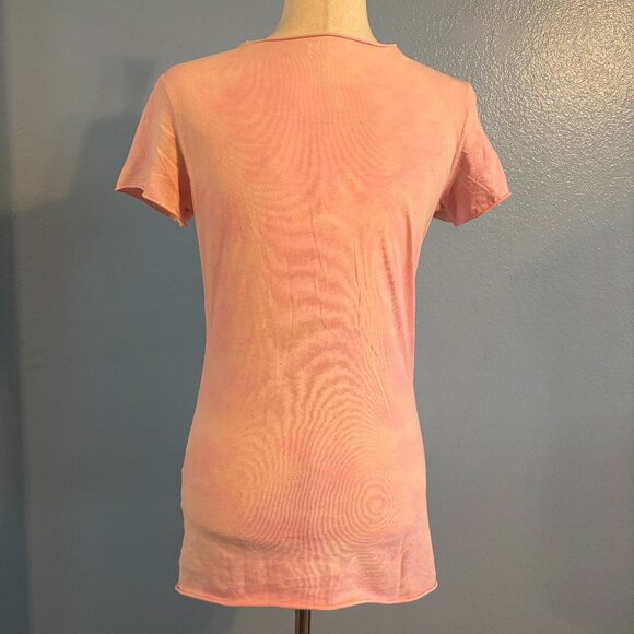 Pink Shirt - Short Sleeves - Deep V Neck - Long Length - Tight - Size Medium - Picture 2 of 4